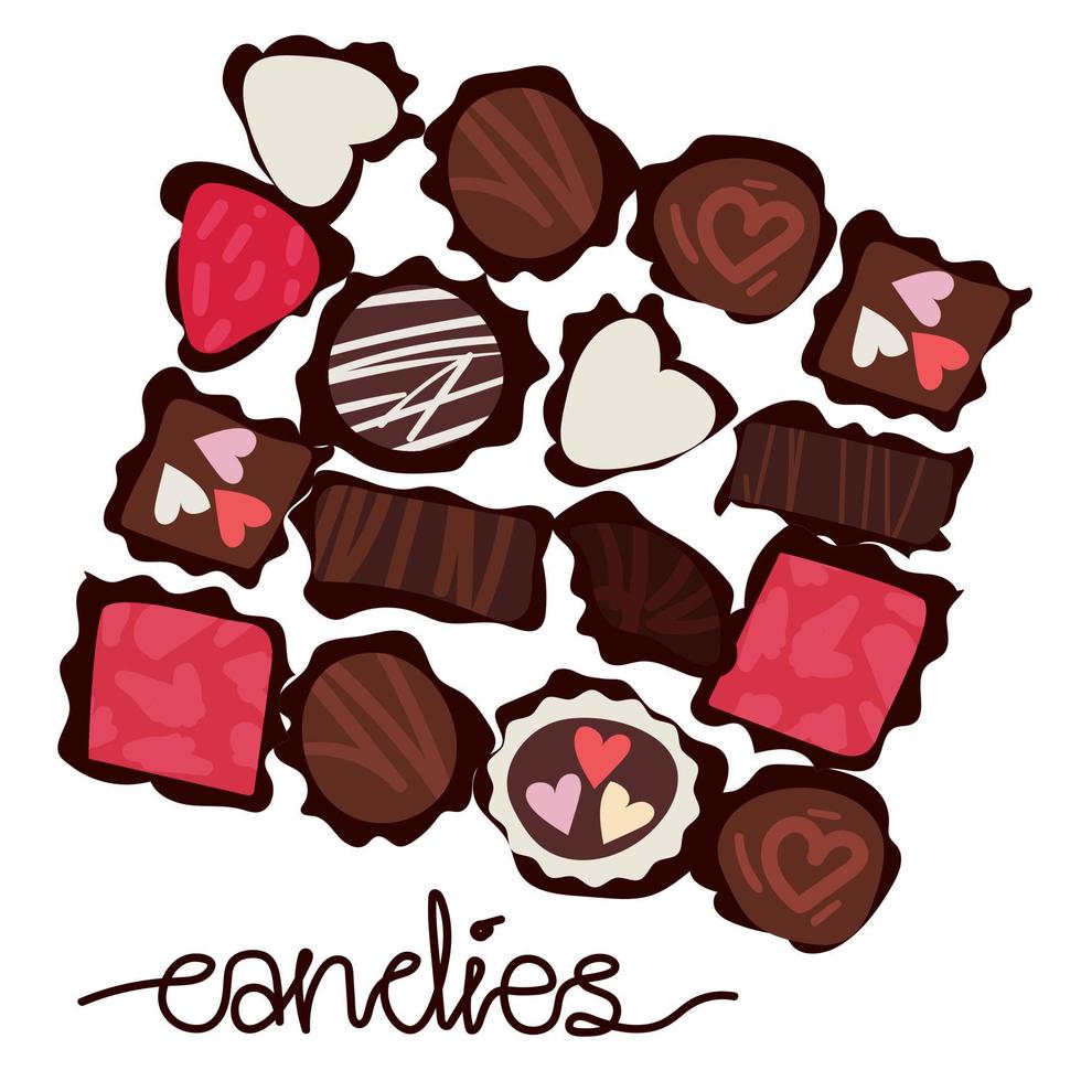 ilustração com chocolates em forma de cartão de dia dos namorados. doces em um fundo rosa com uma inscrição. impressão em papel para o feriado. dia das mães, aniversário. cartão postal, bandeira vetor