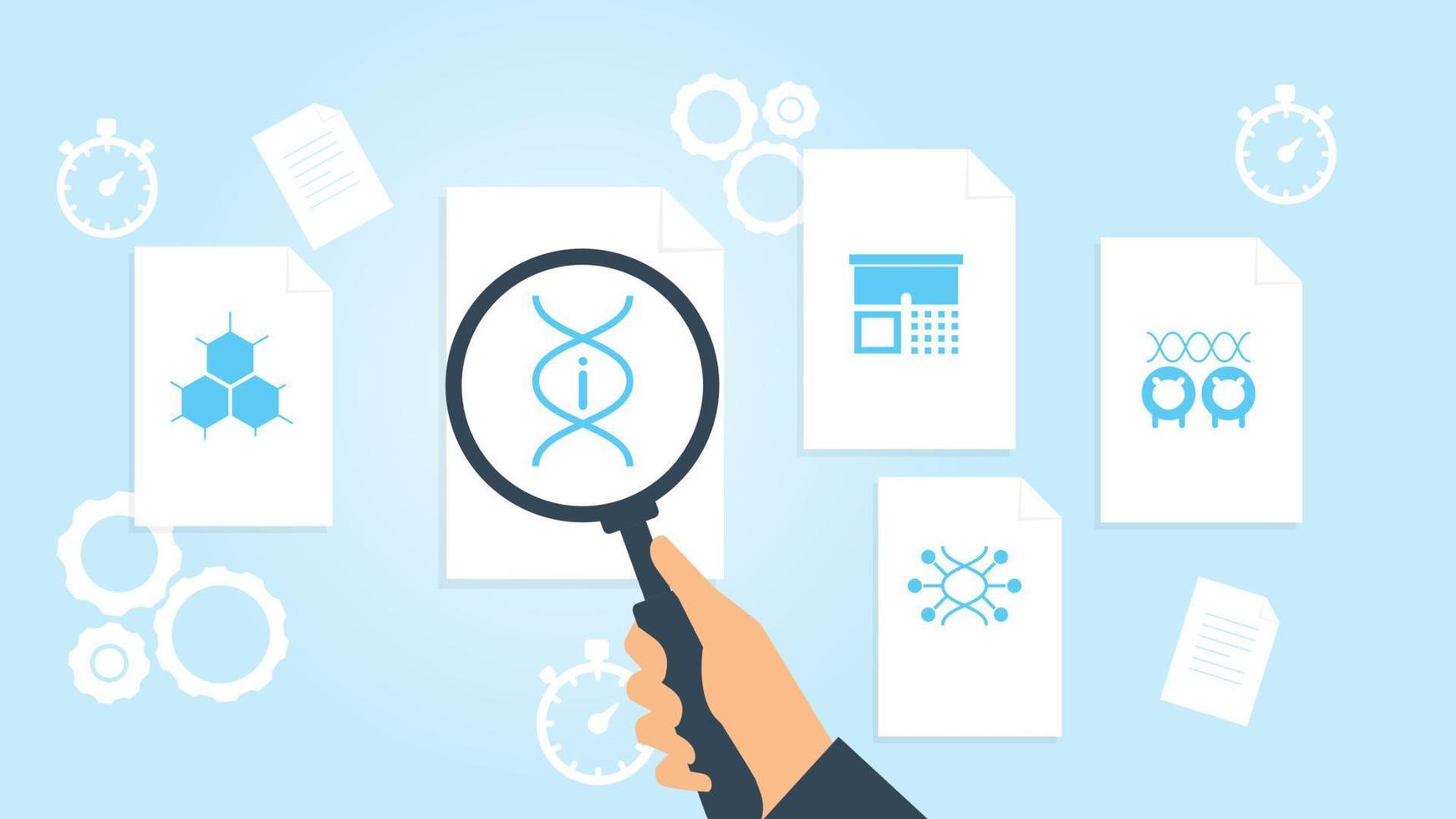 clonagem, dna, arquivo de ovelha, ilustração vetorial de pesquisa de documentos. documento com ícones de pesquisa. arquivo e lupa. sinal de pesquisa analítica. ilustração vetorial em fundo branco vetor