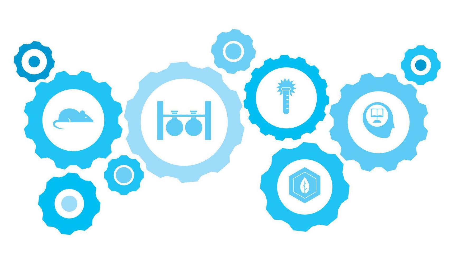 conhecimento, humano, leitor, conjunto de ícones azuis da engrenagem científica. engrenagens conectadas e ícones vetoriais para logística, serviço, remessa, distribuição, transporte, mercado, conceitos de comunicação. em fundo branco vetor