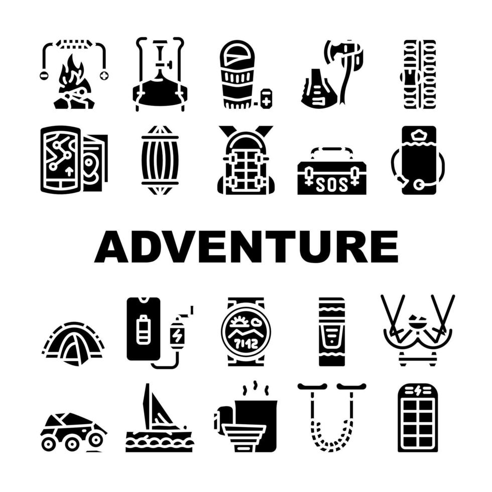 conjunto de ícones de coleção de equipamentos de aventura plana vetor