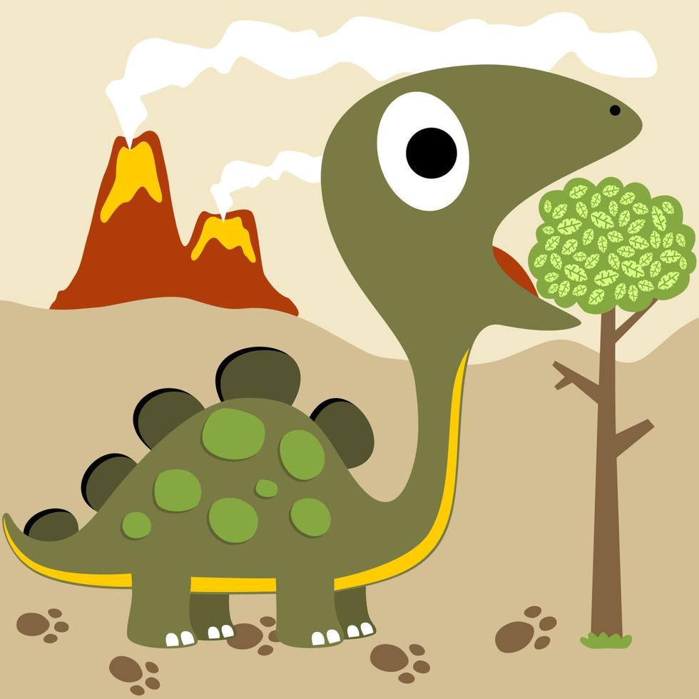 dinossauro fofo come folhas no fundo da erupção do vulcão, ilustração de desenho vetorial vetor