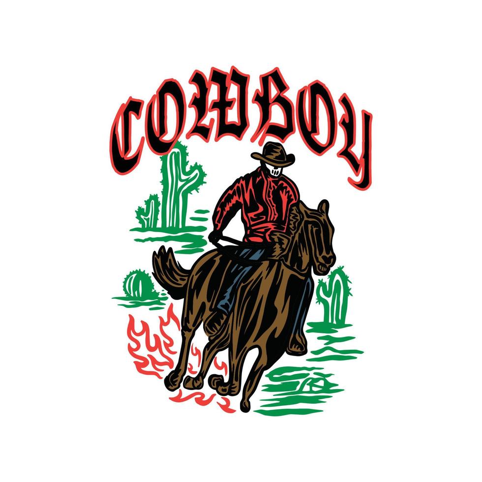 cowboy andando a cavalo com um cowboy em um chapéu, ilustração vetorial streetwear para camiseta com capuz vetor