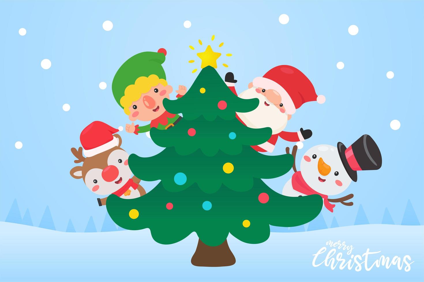 papai noel, elfo, rena e boneco de neve decoram a árvore de natal vetor