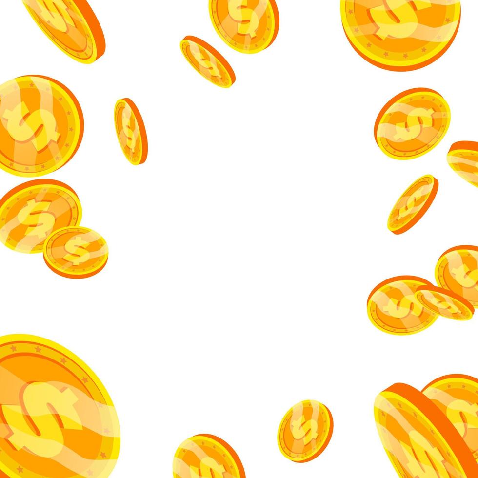 vetor de explosão de queda de dólar. plana, ilustração de moedas de ouro dos desenhos animados. projeto de moeda de finanças. moeda isolada