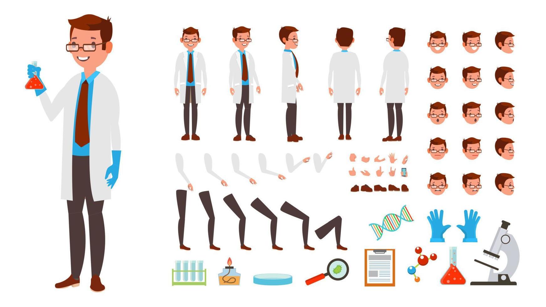 vetor de homem cientista. conjunto de criação de personagens animados. comprimento total, frente, lado, vista traseira, acessórios, poses, emoções faciais, penteado, gestos. ilustração plana isolada dos desenhos animados