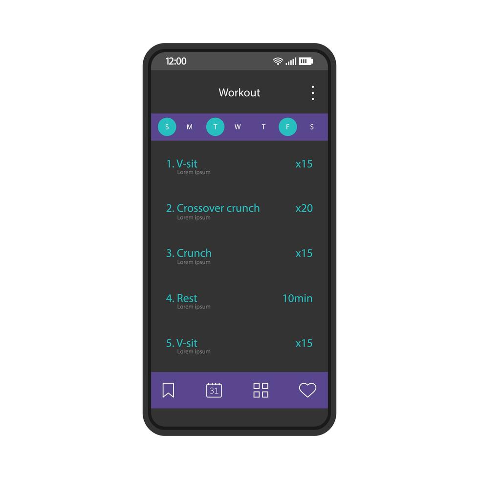 modelo de interface de smartphone de aplicativo de treino vetor