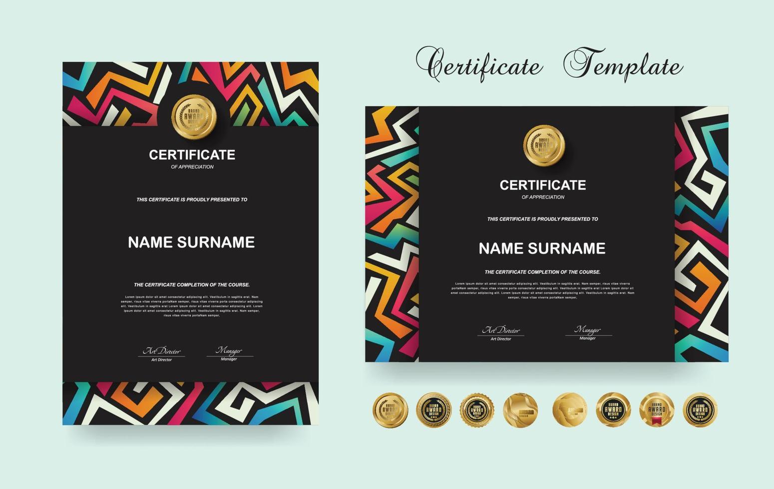 certificado de apreciação ou design de modelo de diploma de prêmio e emblemas premium de luxo dourado vetor