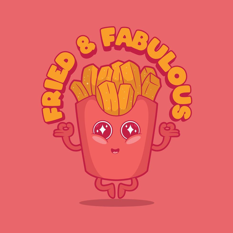 personagem de batatas fritas feliz e ilustração vetorial meditando. comida, engraçado, conceito de design de slogan. vetor