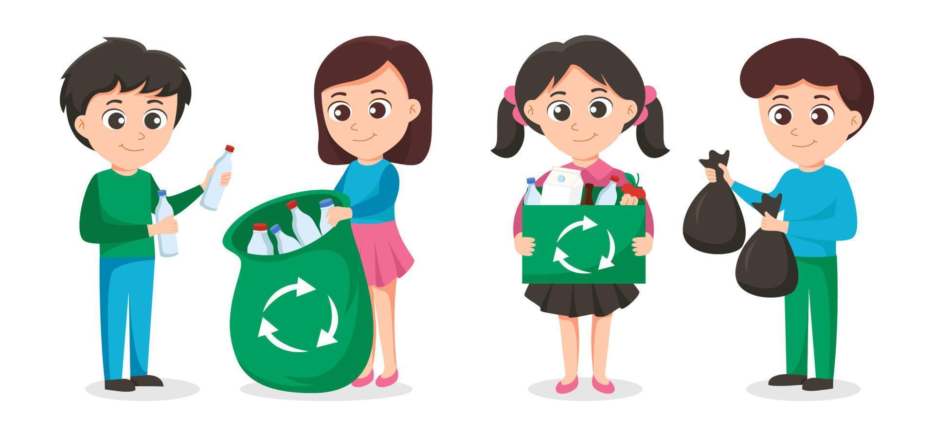 atividade voluntária, coleta de lixo para salvar o conceito mundial, ilustração vetorial. voluntários de jovens com sacos de lixo. trabalho voluntário e limpeza ambiental vetor