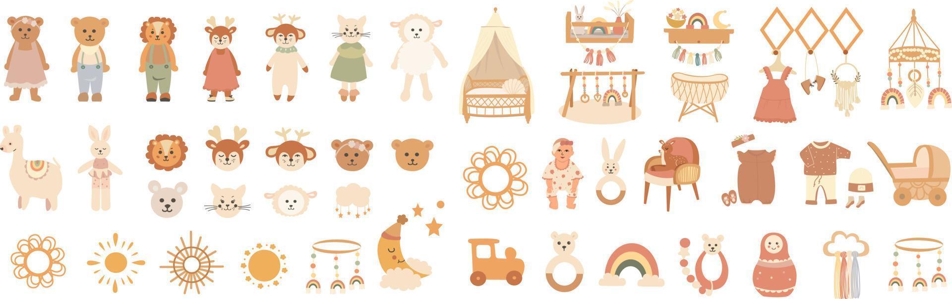 grande conjunto de objetos bonitos do bebê boho. desenhos animados doodle crianças clipart para cartão de convite de chá de bebê, decoração de quarto de berçário, pôster. ilustração em vetor editável.