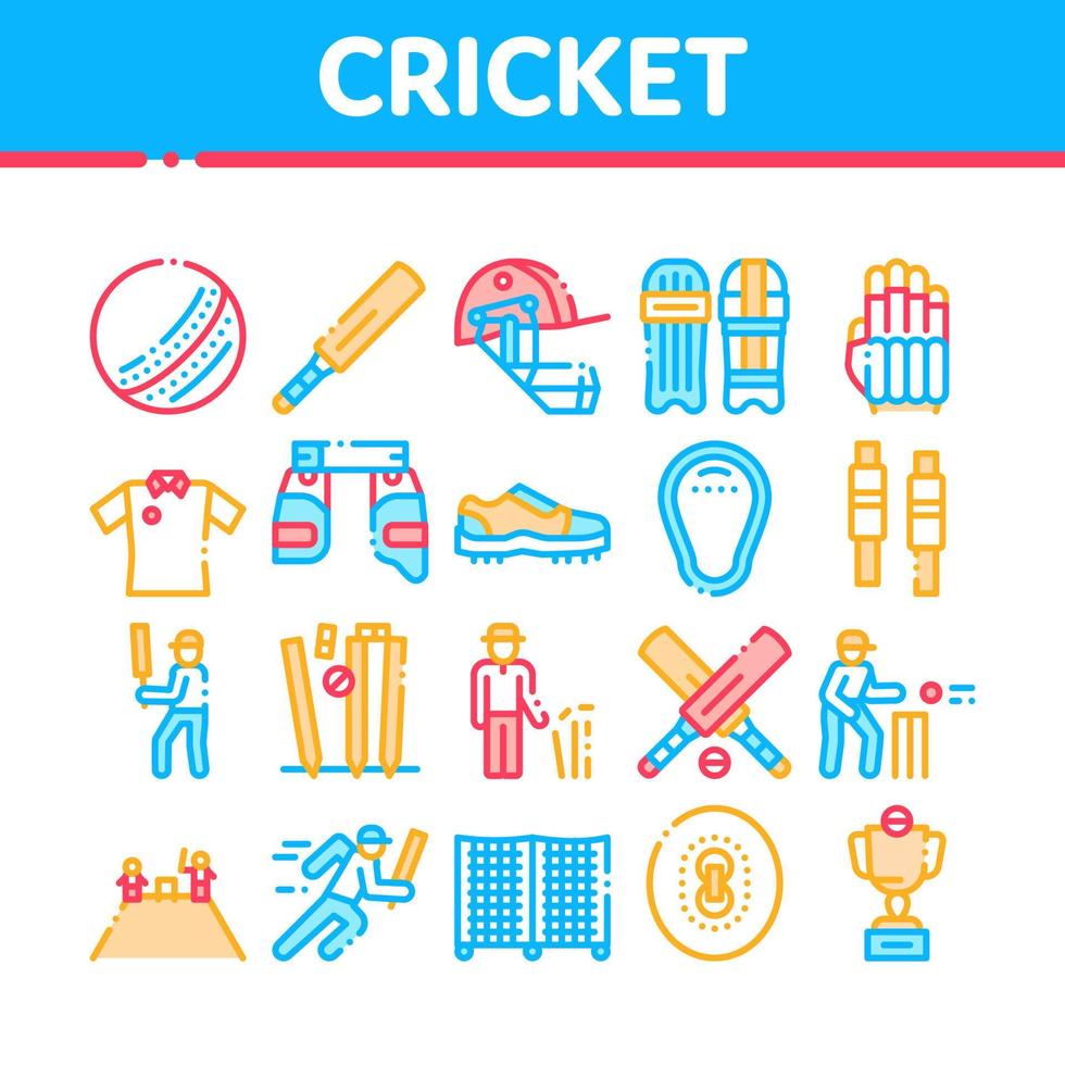 vetor de conjunto de ícones de elementos de coleção de jogo de críquete