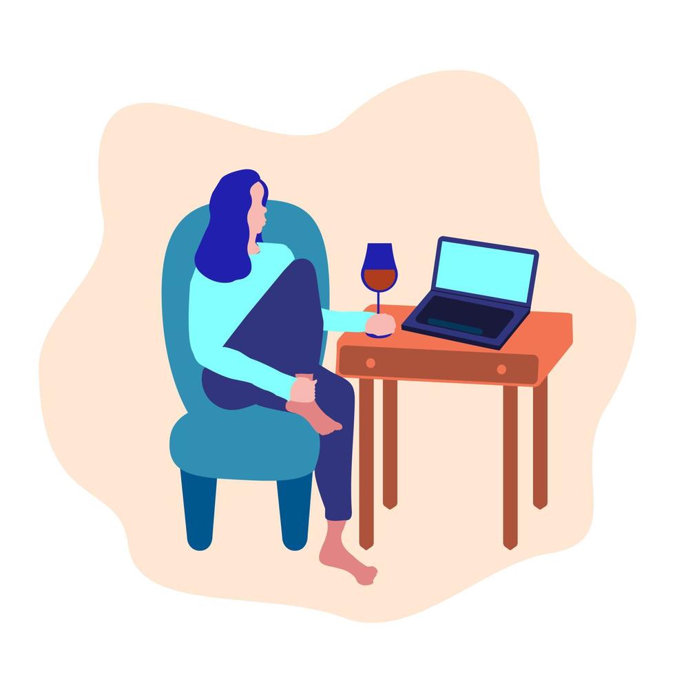 conversa on-line. ilustração em vetor plana. mulher sentada na poltrona com um copo de vinho tinto na frente do laptop.