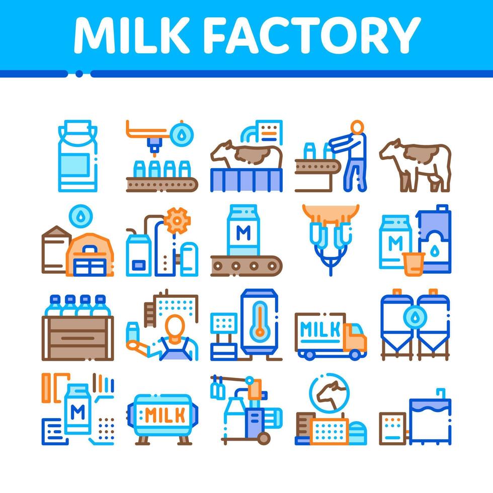 vetor de conjunto de ícones de coleção de produtos de fábrica de leite