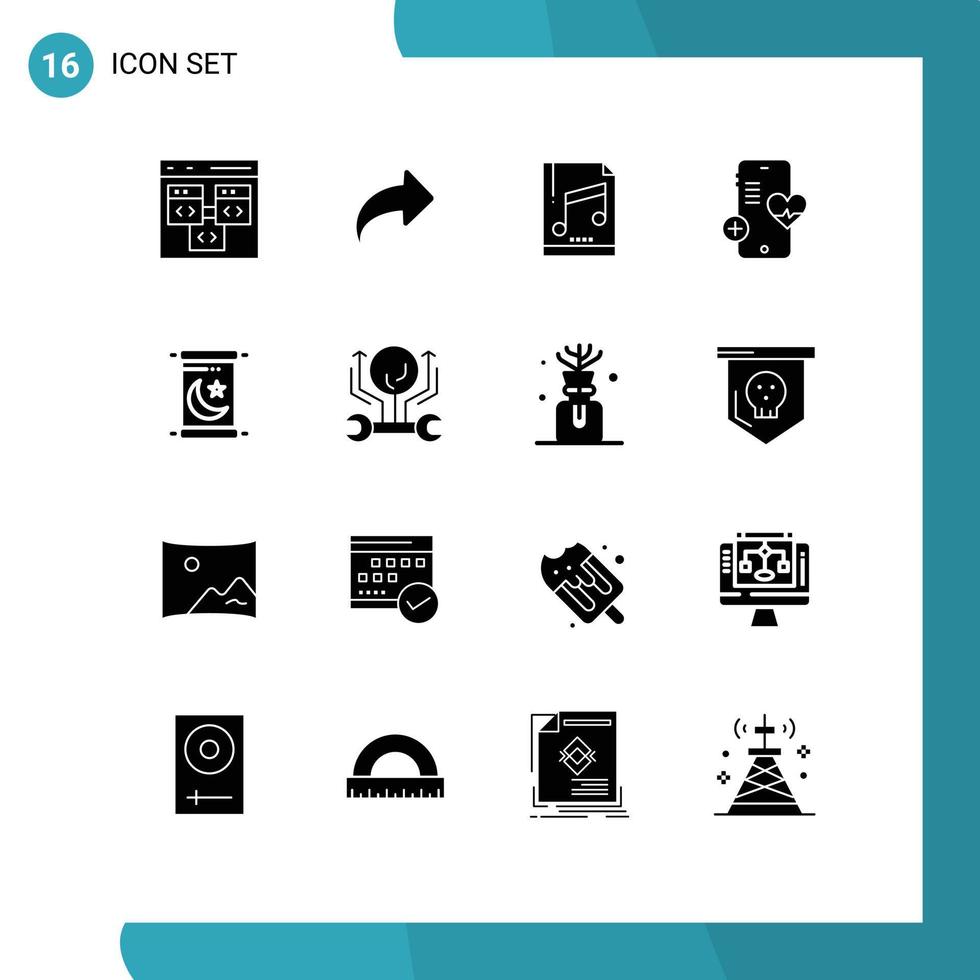 conjunto moderno de 16 glifos e símbolos sólidos, como elementos de design de vetores editáveis de amostra de telefone ramadan beat forward