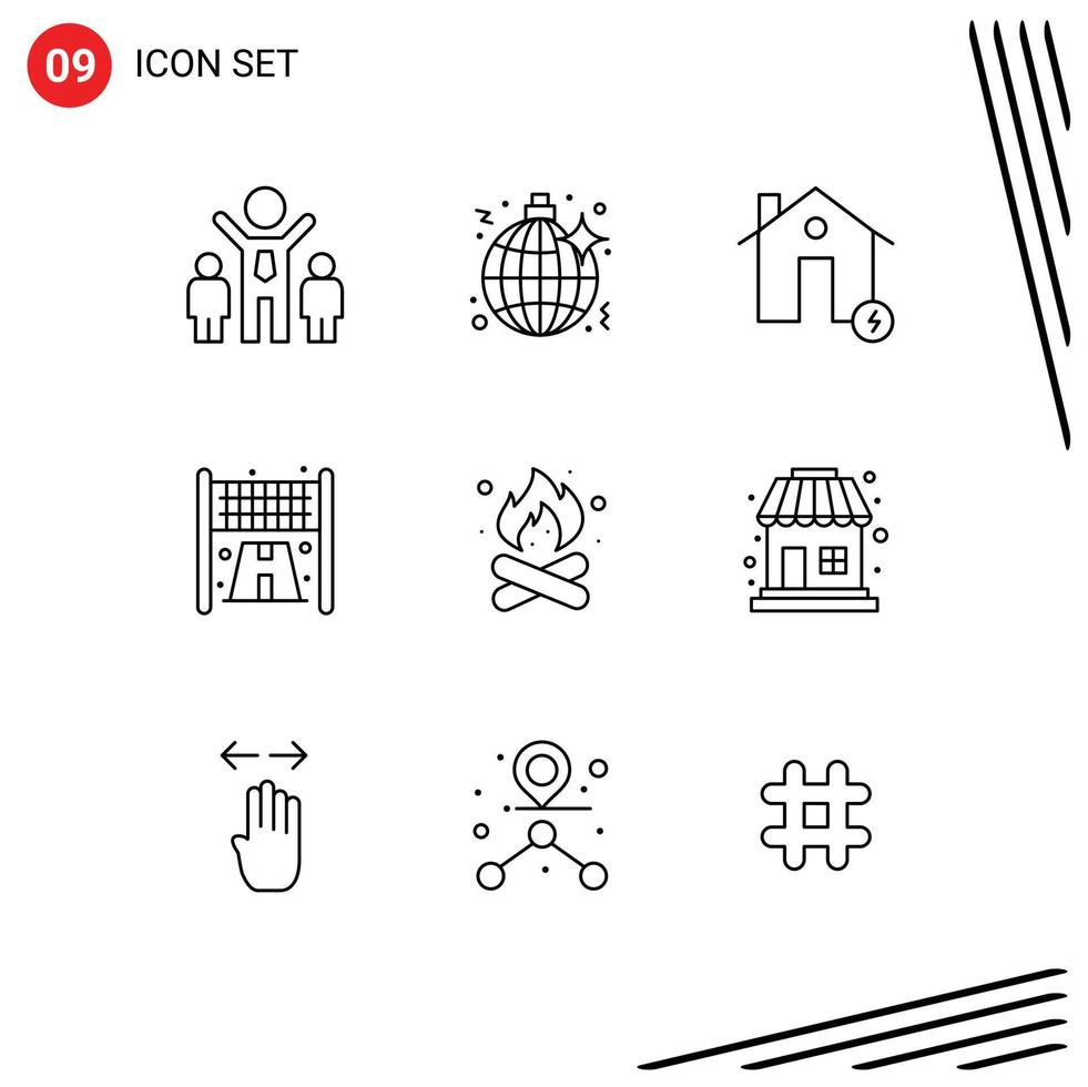 grupo de 9 sinais e símbolos de contornos para edifícios de acampamento de bombeiros, elementos de design de vetores editáveis de acabamento esportivo
