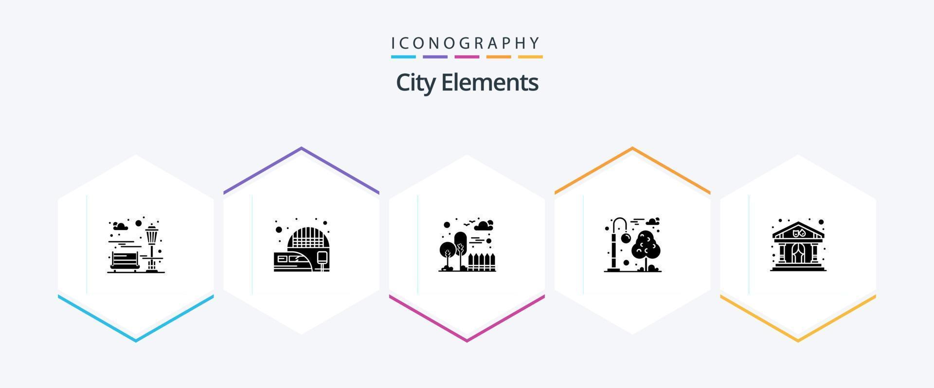 elementos da cidade pacote de ícones de 25 glifos, incluindo show. lazer. prédio. parque. iluminação pública vetor