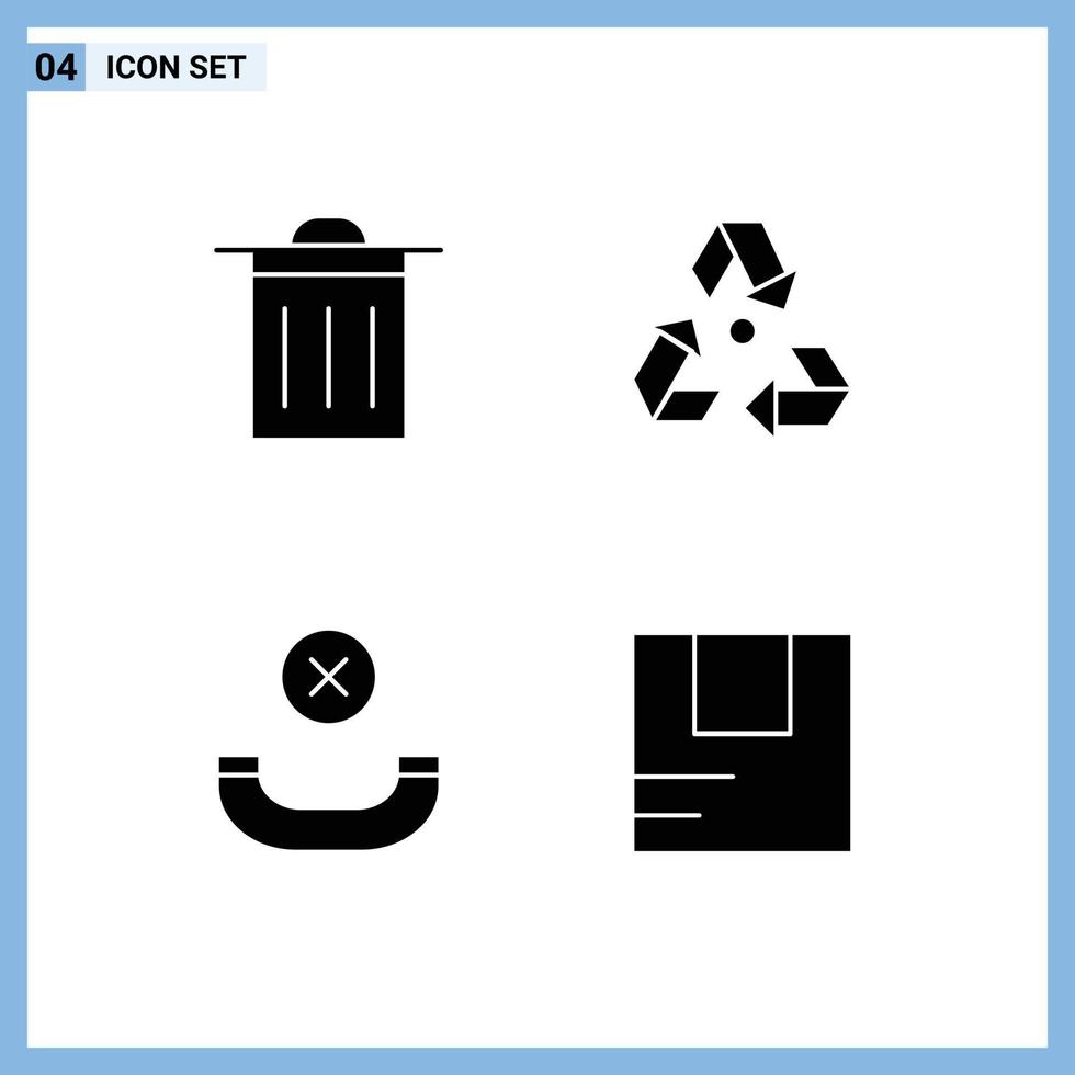 conjunto de pictogramas de 4 glifos sólidos simples de elementos de design de vetores editáveis de caixa de lixo ecológica de aparelho básico