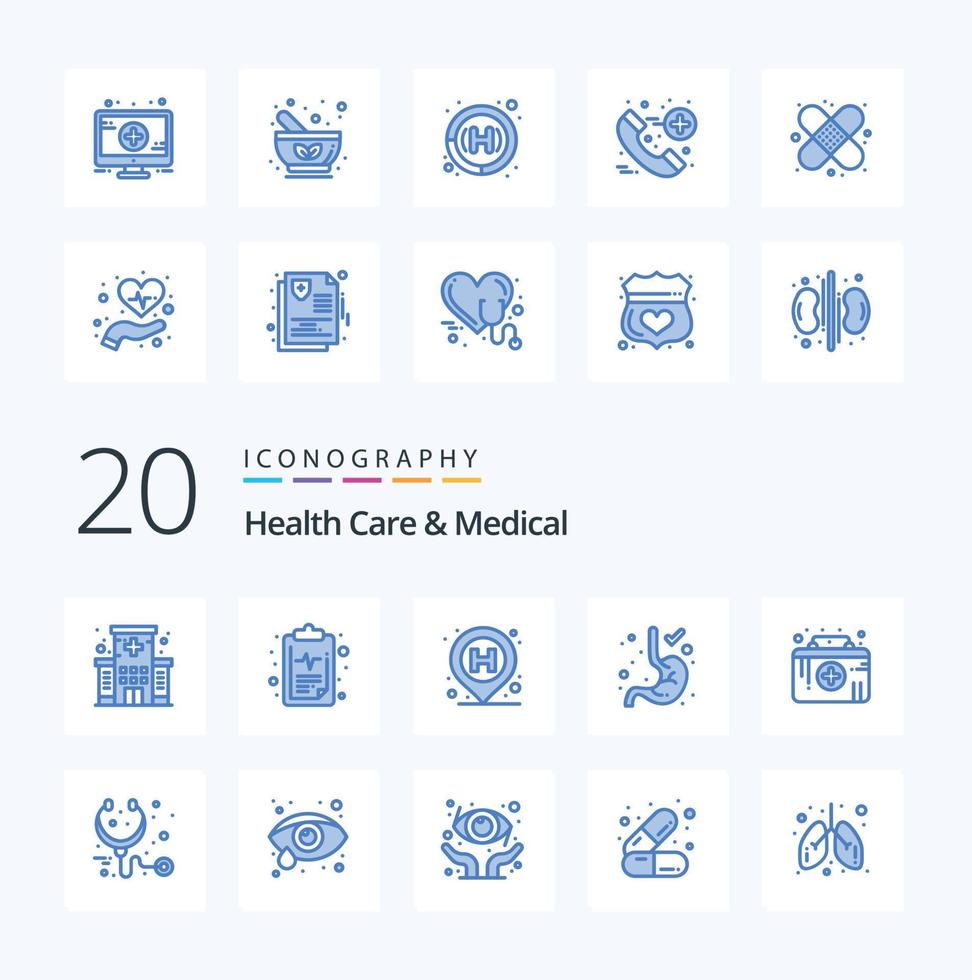 20 cuidados de saúde e pacote de ícones de cor azul médica como kit de primeiros socorros de ajuda médica digestão estomacal hospitalar vetor