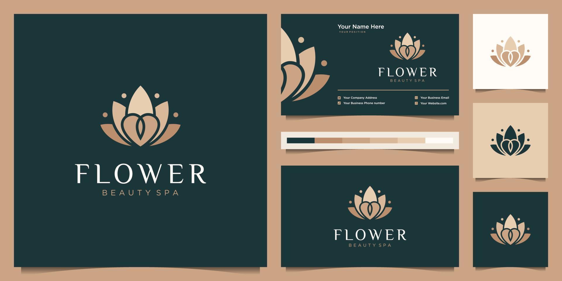 design de logotipo de luxo de flor de lótus e modelo de cartão de visita. logotipo de forro de flor de beleza feminino com cor de luxo vetor