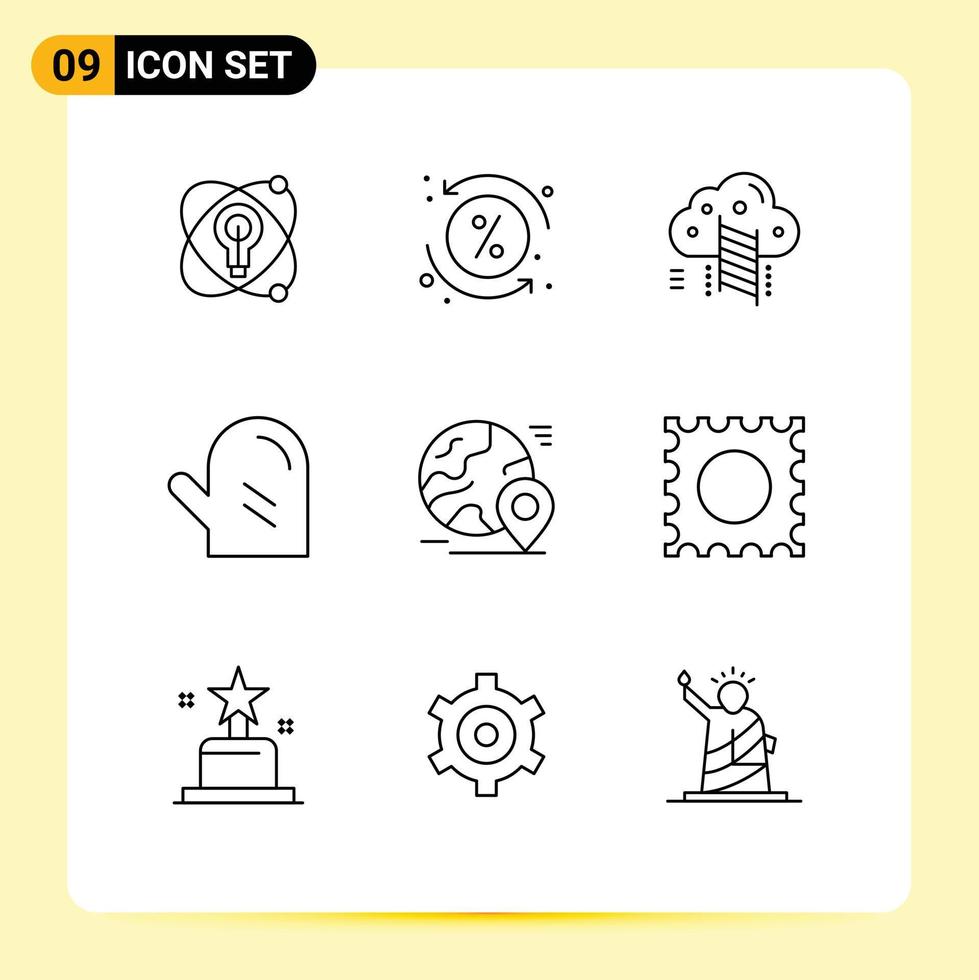 grupo de 9 contornos de sinais e símbolos para mapa refeição escada luva bebida elementos de design de vetores editáveis