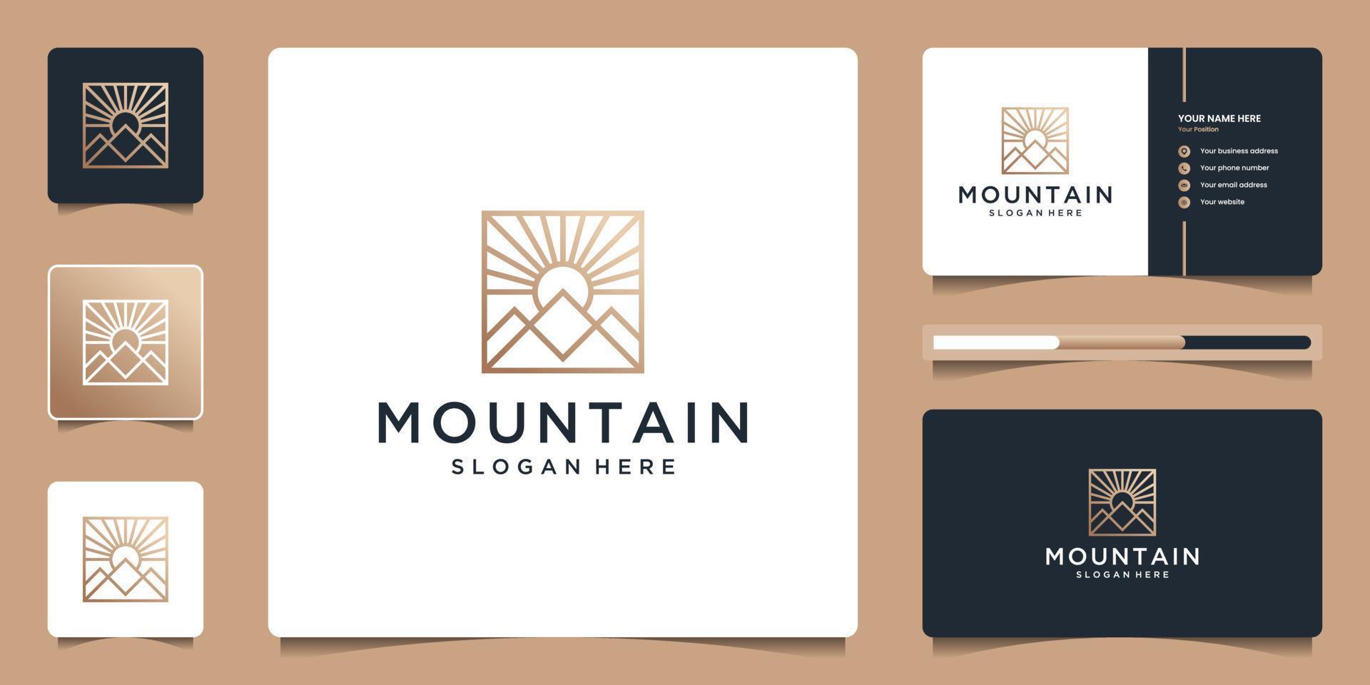 paisagem minimalista com design de logotipo de estilo de arte de linha e cartão de visita. vetor