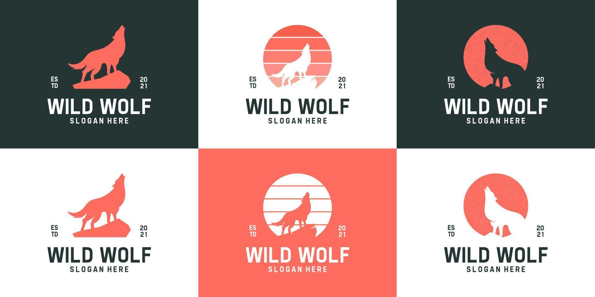 conjunto de coleção simples de logotipo de lobo uivante. modelo de logotipo de animais selvagens de silhueta criativa. vetor