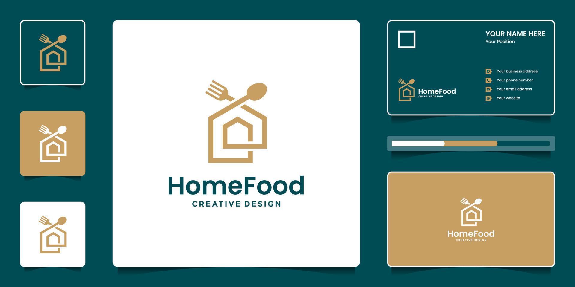 design de logotipo de comida criativa com combinação de casa, colher e garfo, idéias de símbolo para logotipo de restaurante e cartão de visita vetor