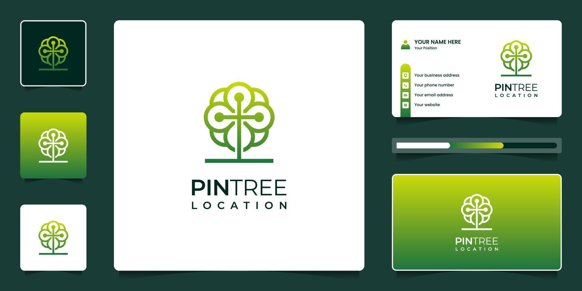 combinar design de logotipo de localização de árvore e pino com cartão de visita vetor