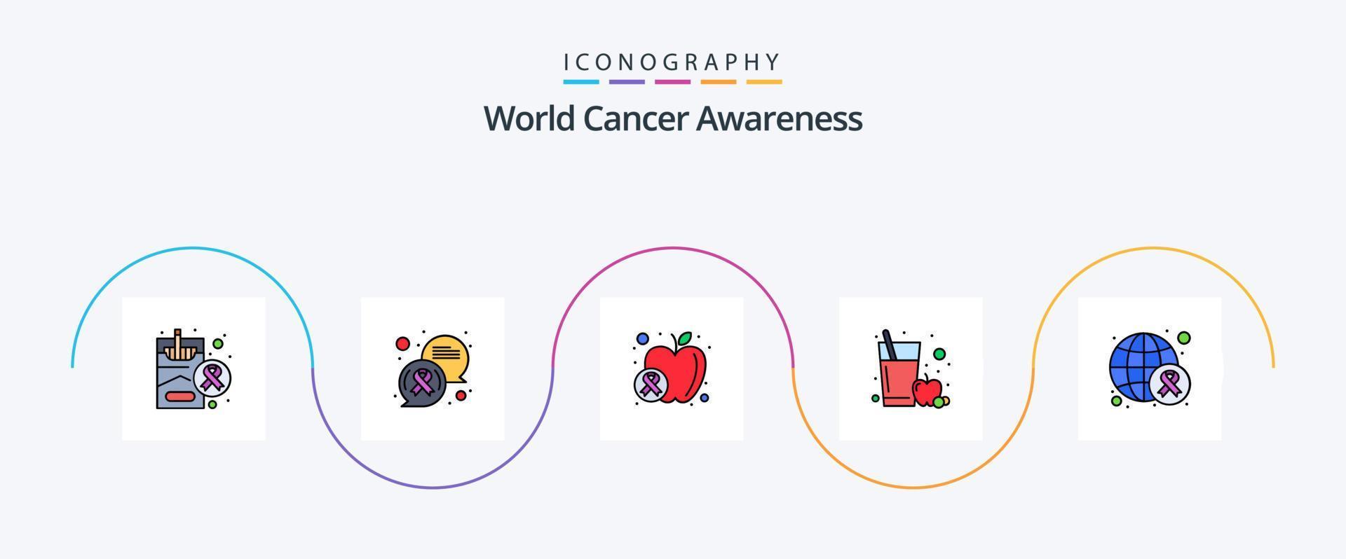 linha mundial de conscientização do câncer preenchida com 5 ícones planos, incluindo o dia. consciência. maçã. vidro. suco de maçã vetor