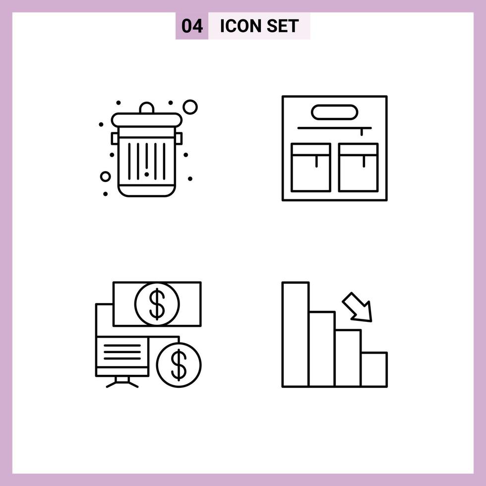 grupo de símbolos de ícone universal de 4 cores planas modernas de linha preenchida de excluir bolsa de negócios, clique em elementos de design de vetores editáveis
