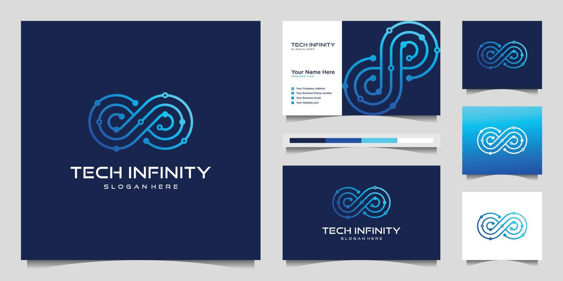 linha infinita de tecnologia criativa. símbolo do infinito moderno, ponto de tecnologia, design de logotipo premium e vetor de cartão de visita.