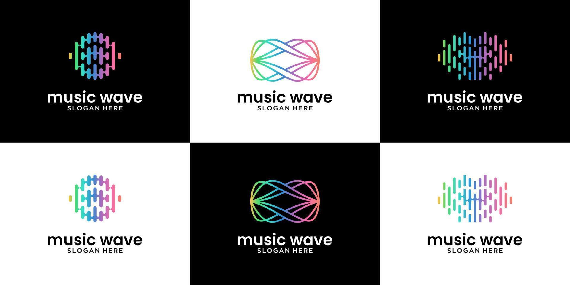 conjunto de design abstrato de logotipo de onda de áudio. música eletrônica de símbolo de gradiente, loja, boate, discoteca, equalizador. vetor