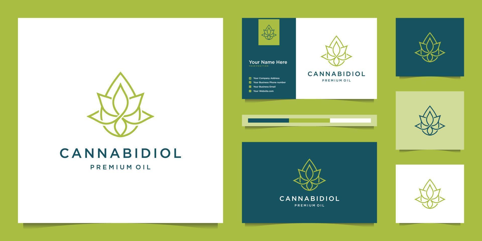 combine folha e solte com estilo de arte de linha. óleo cbd premium, maconha, design de logotipo de cannabis e cartão de visita. vetor