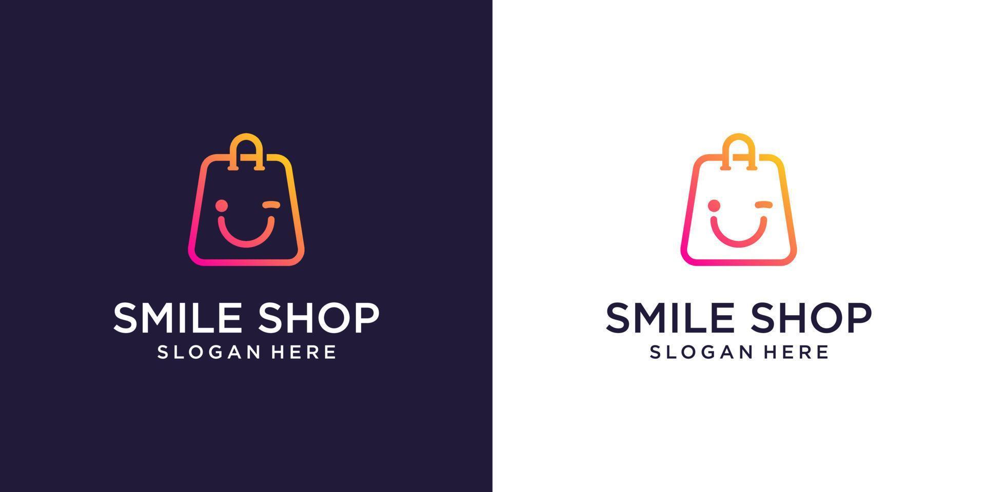 modelo de designs de logotipo de loja on-line, loja de sacolas e ícone de logotipo de símbolo de sorriso vetor