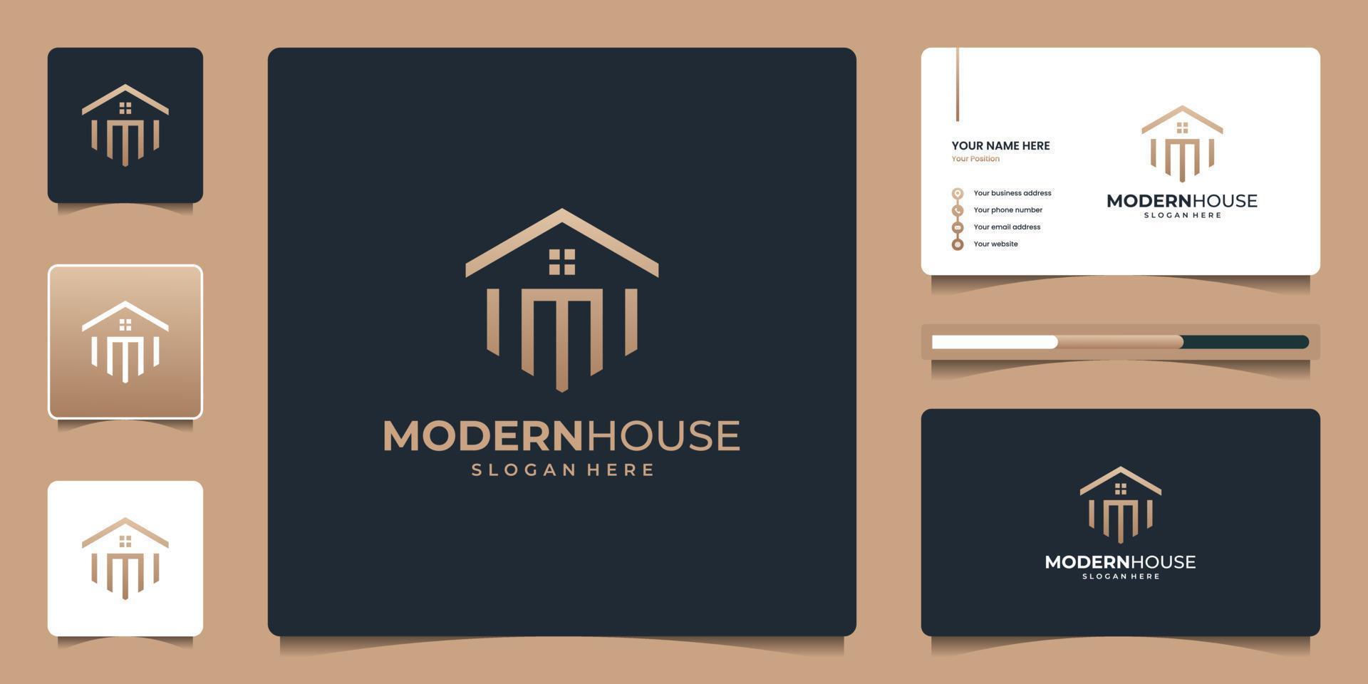 design de logotipo imobiliário de casa luxo, elegante, simples com forma geométrica e cartão de visita vetor