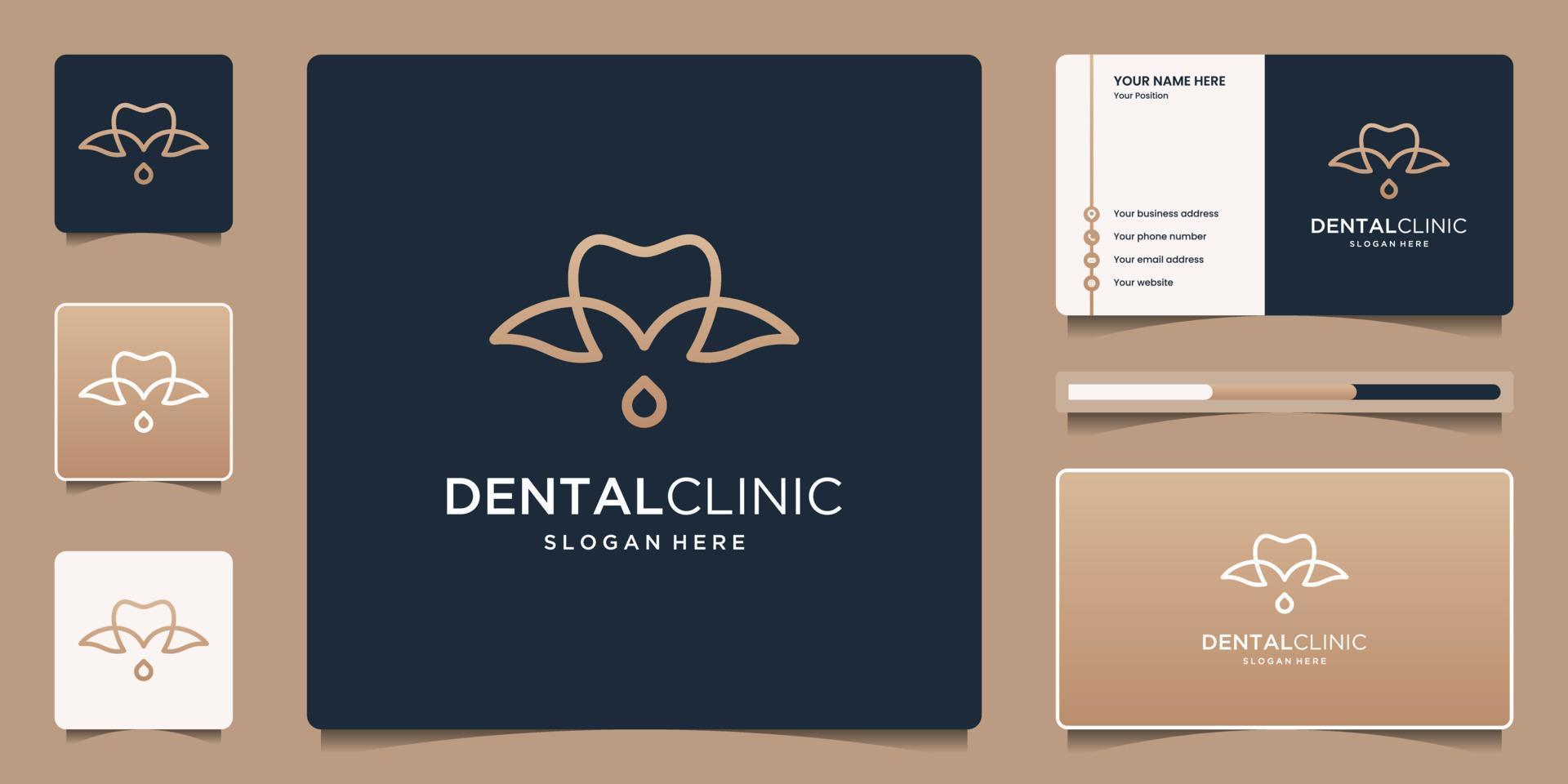 design de logotipo de clínica odontológica com design de logotipo de folha e gota com cartão de visita. vetor