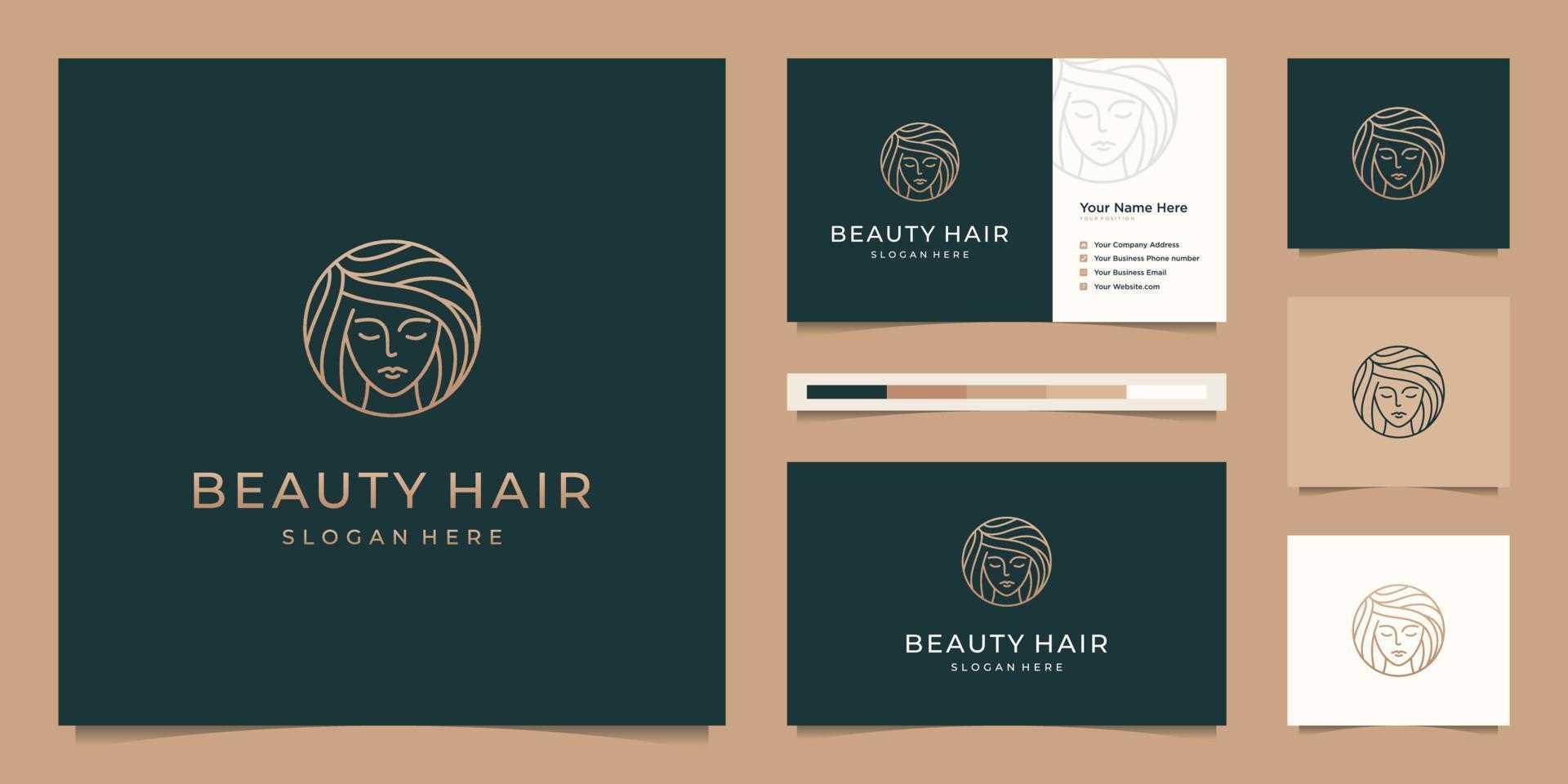 rosto elegante mulher cabeleireiro design de logotipo de arte de linha gradiente ouro e cartão de visita vetor