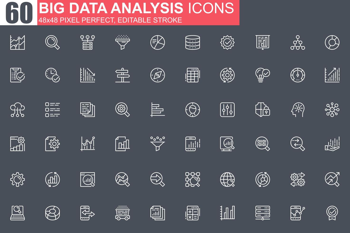conjunto de ícones de linha fina de análise de big data. vetor