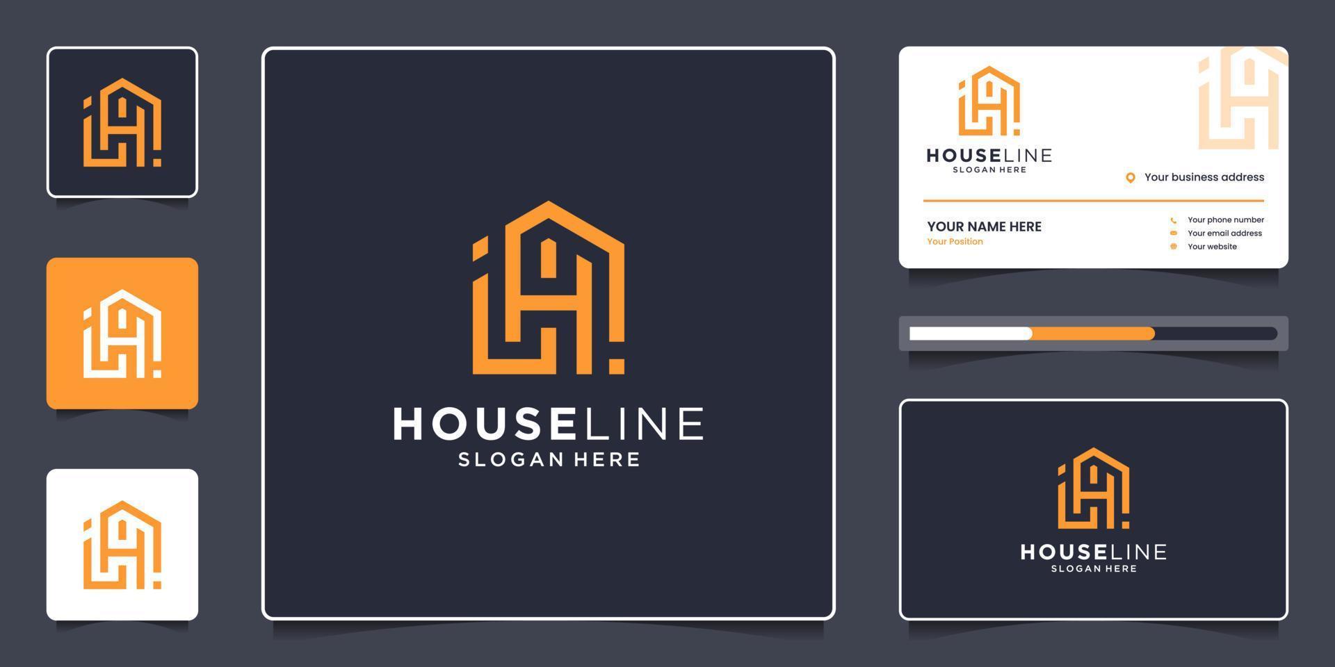 modelo de logotipo imobiliário com cartão de visita. combine casa e design de logotipo de linha letra h minimalista. vetor