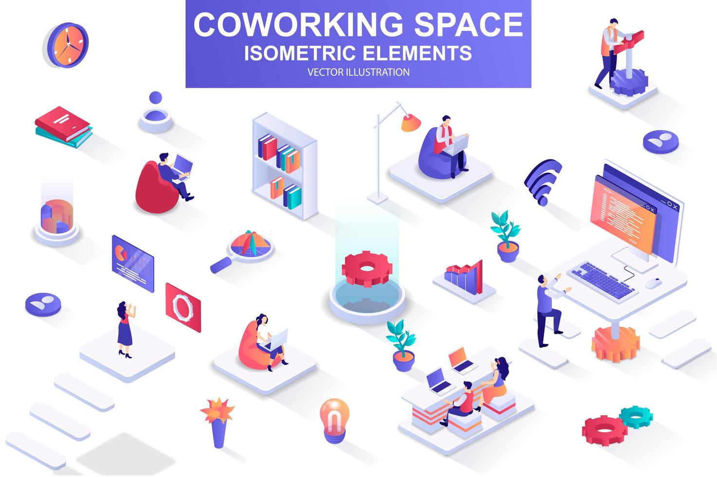 coworking pacote espacial de elementos isométricos. vetor