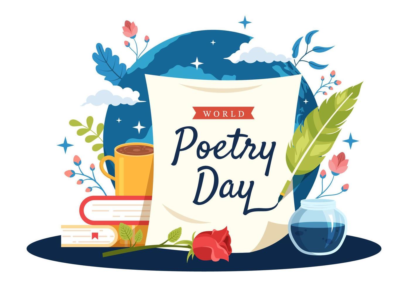 dia mundial da poesia em 21 de março ilustração com uma pena, papel ou máquina de escrever para banner da web ou página inicial em modelos desenhados à mão de desenhos animados planos vetor