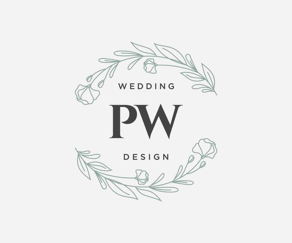 coleção de logotipos de monograma de casamento de letras iniciais pw, modelos modernos minimalistas e florais desenhados à mão para cartões de convite, salve a data, identidade elegante para restaurante, boutique, café em vetor