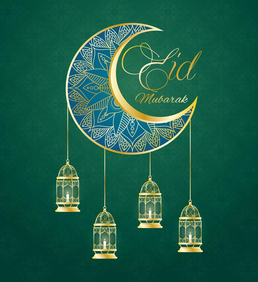 Banner de celebração eid mubarak com lua dourada vetor