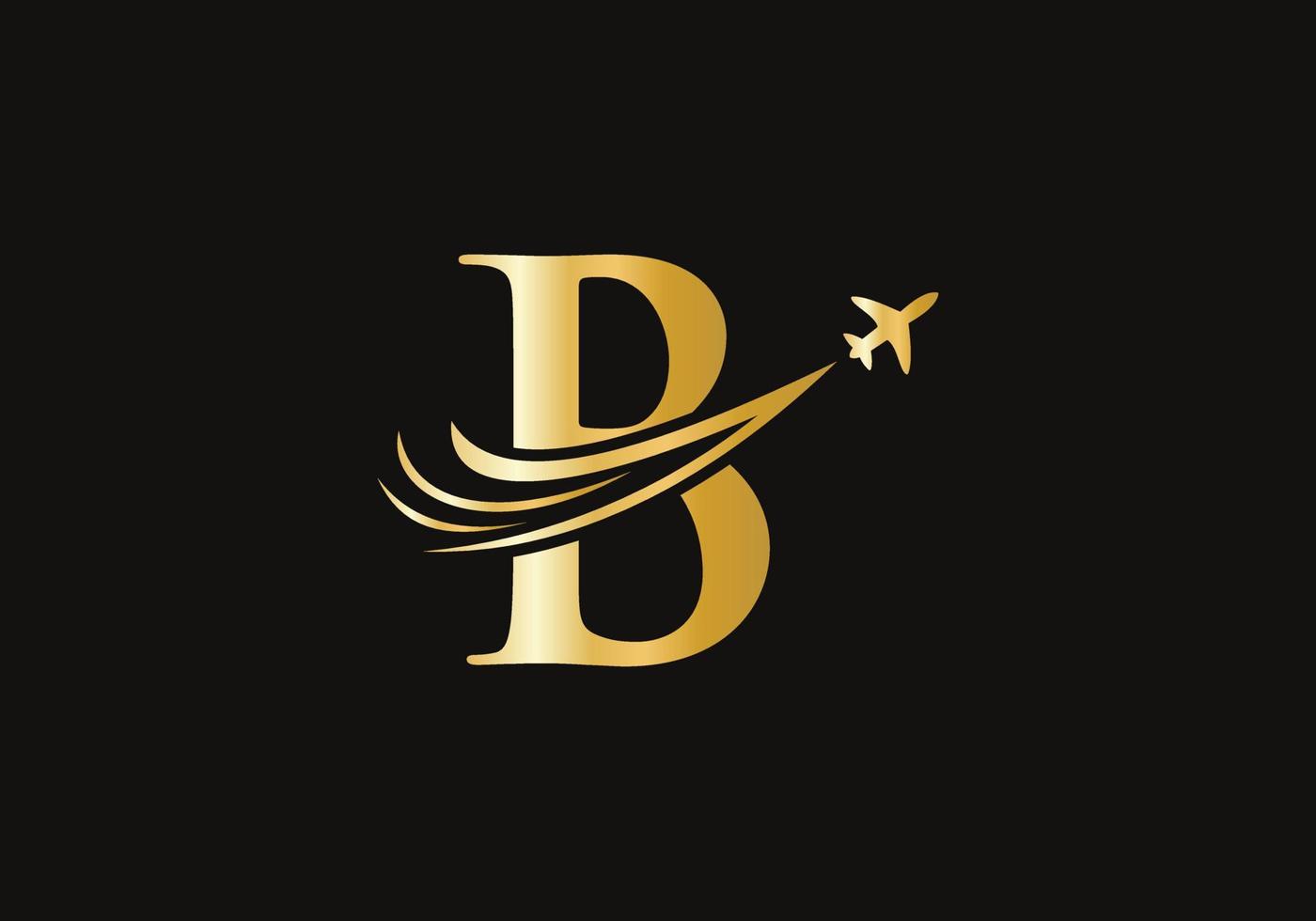 conceito de design de logotipo de viagem letra b com símbolo de avião voador vetor