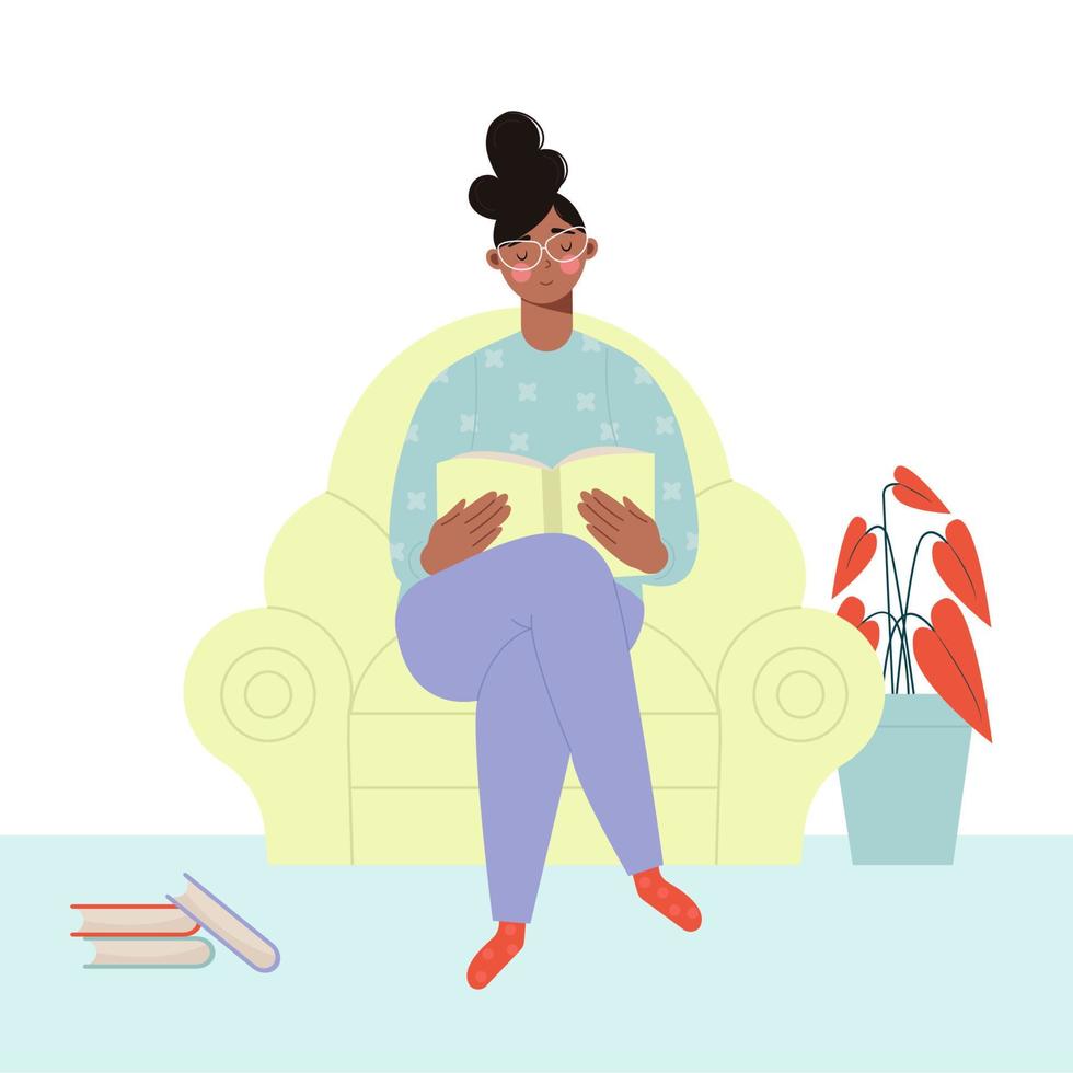 mulher afro-americana negra sentada lendo um livro. ilustração vetorial vetor