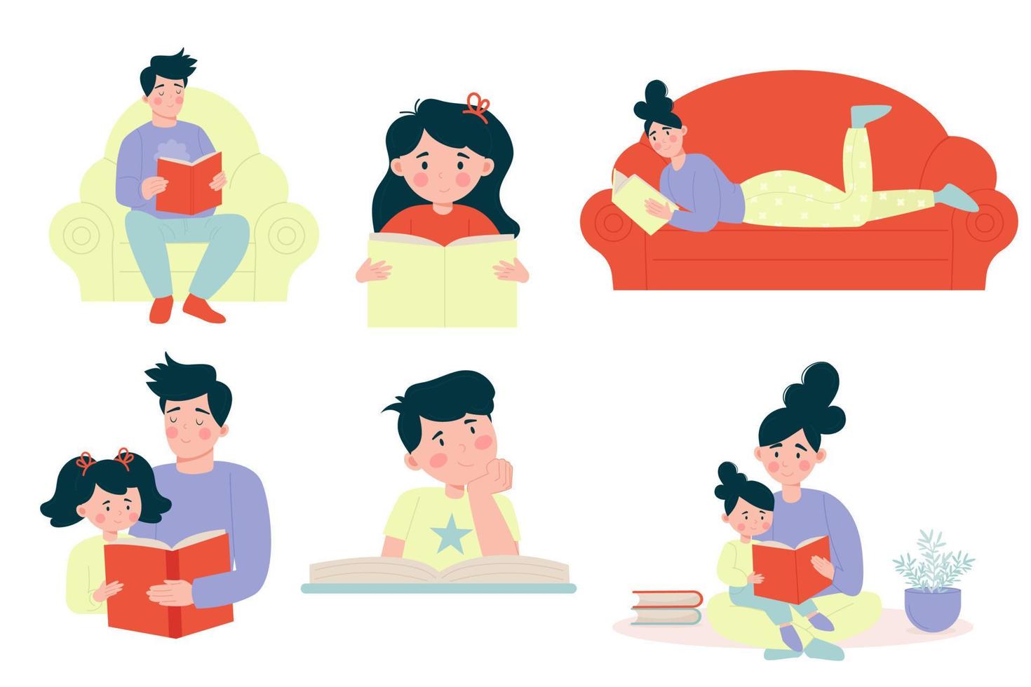 conjunto de diferentes ilustrações de pais e filhos lendo um livro. vetor