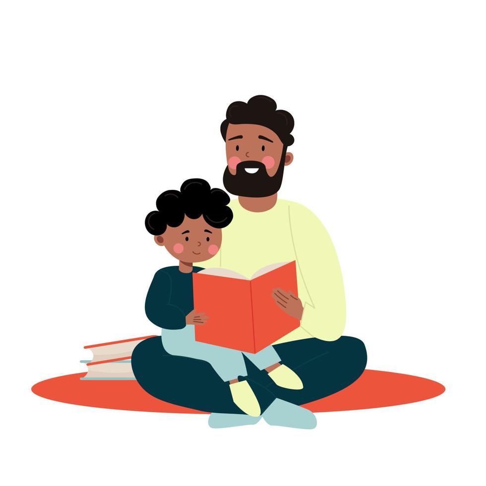 pai afro-americano e filho lendo um livro juntos. ilustração vetorial vetor