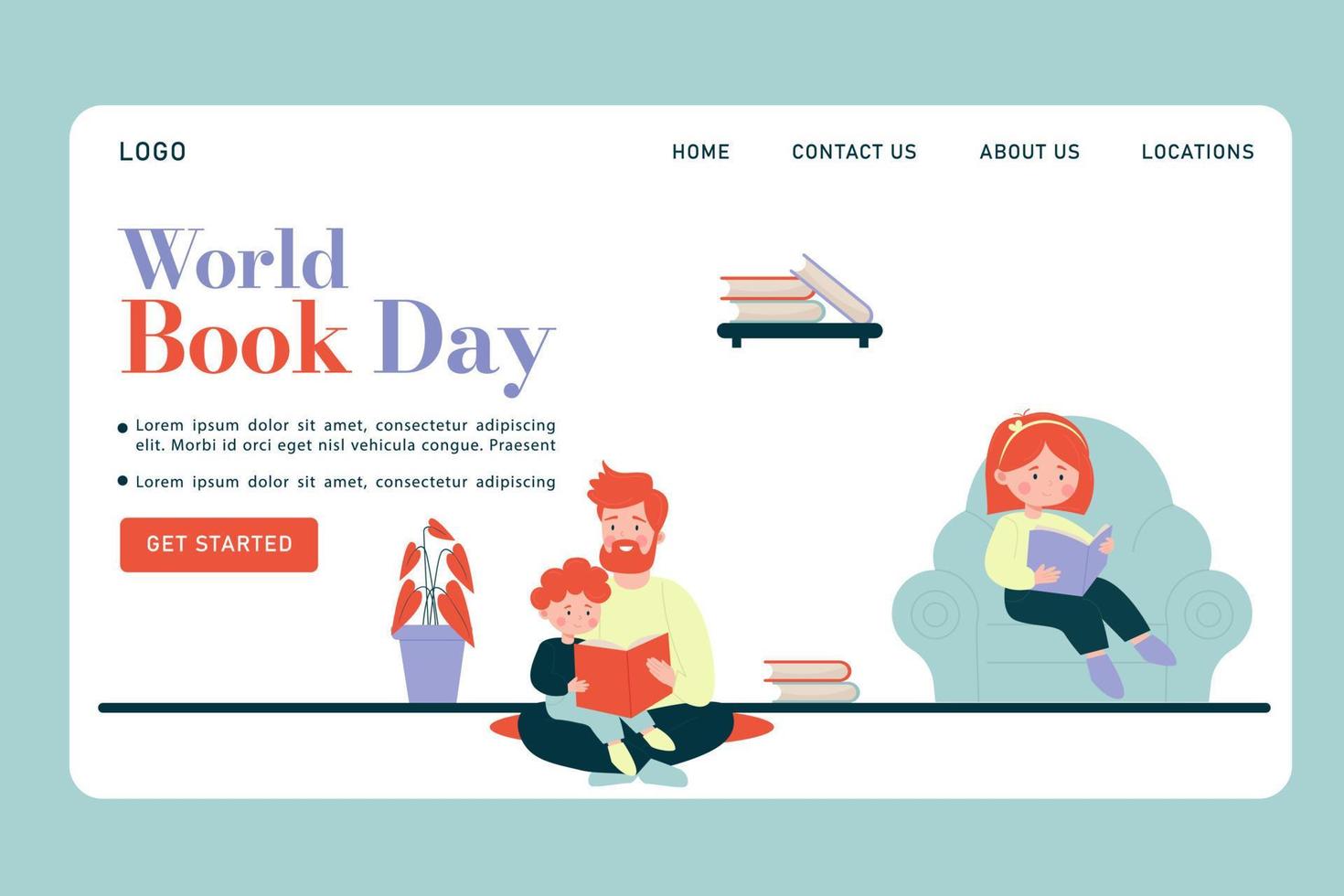 página de destino do dia mundial do livro. pais e filhos lendo um livro vetor