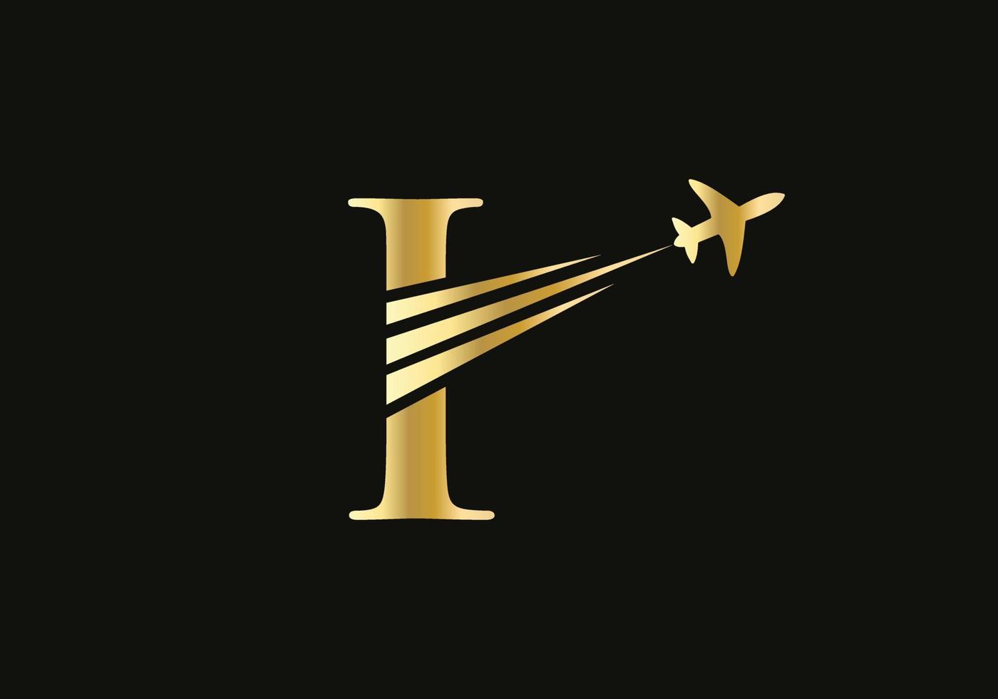 letra eu viajo conceito de design de logotipo com símbolo de avião voador vetor