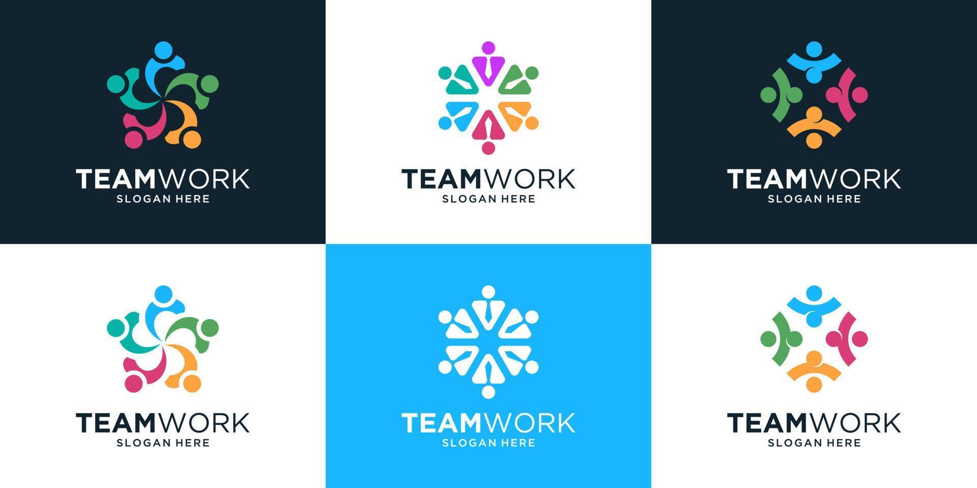 conjunto de logotipo de trabalho em equipe com grupo de pessoas em estilo de design colorido. vetor